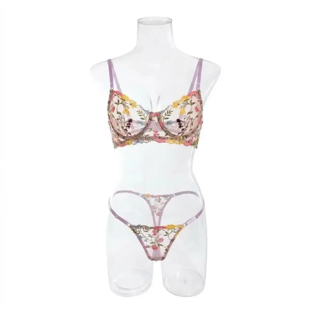 2-Piece Floral Lingerie Set Sheer Versatile Underwear Intimates Underwire Push-up Embroidery Bra Panty Set For Lady Girl