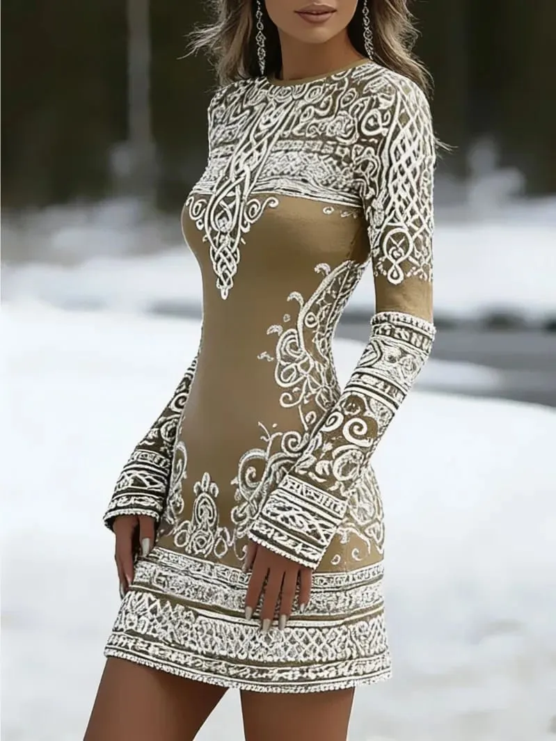 Slim Fit Round Neck Long Sleeved Hip Hugging Short Skirt Dress for Women Elegant Slimming Atmosphere Dress