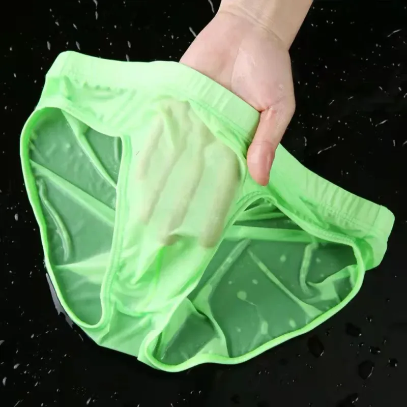 Men Sexy Sheer Ice Silk Briefs Underwear Quick-Dry U Convex Pouch Breathable Low-Waist Underpants Summer Cooling