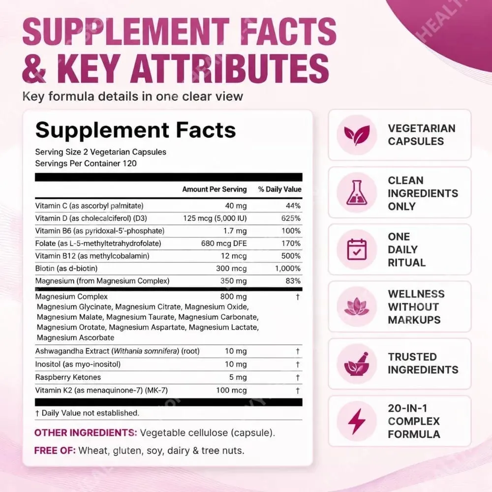 Magnesium Complex for Women Capsules with D3 K2 B12 Biotin & Ashwagandha for Energy Calm & Wellness Support 240 Capsules