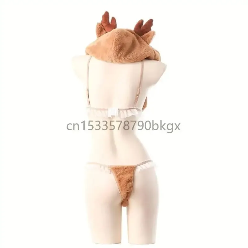 4Pcs Anime Lingerie Deer Cosplay Lingerie Costume Set Fuzzy Bra and Panty with Antler Cap Wirstband Naughty J78E