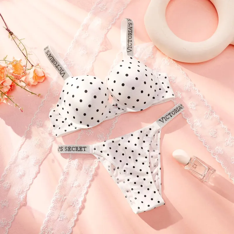 Victoria Secret Very Sexy Shine Script Polka Dot Push Up Bra Shine Script Thong Panty Set Women Sexy Lingerie Hot