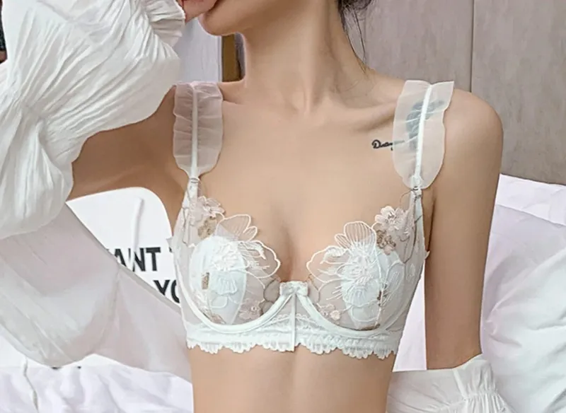 French Elegant Embroidered Lace Minimizer Bra Support Soft Underwire Rabbit Ear Cup Sexy Pure Lingerie Set Large Bust S-XL Tushy