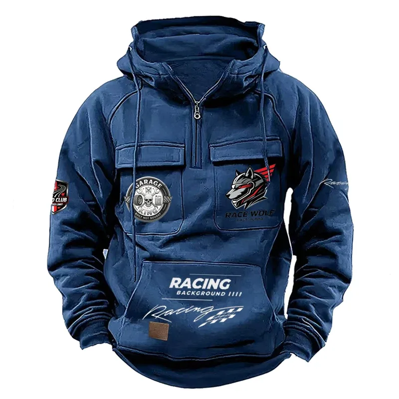 Men's Racing Suit With Large Pockets And Hooded Pullover. Men's Multi-pocket Outdoor Camping Hiking Sports Casual Jacket.