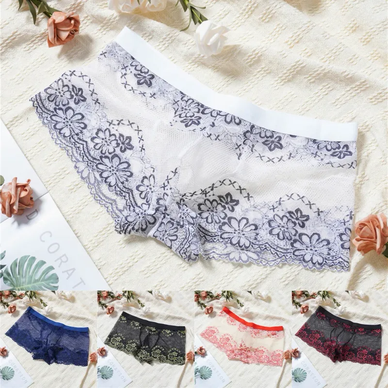 Men Lace Jacquard Mesh Boxer Shorts Underwear Hollow Temptation Exotic Trunks Silk Soft Quick Dry Breathable Sexy Panties