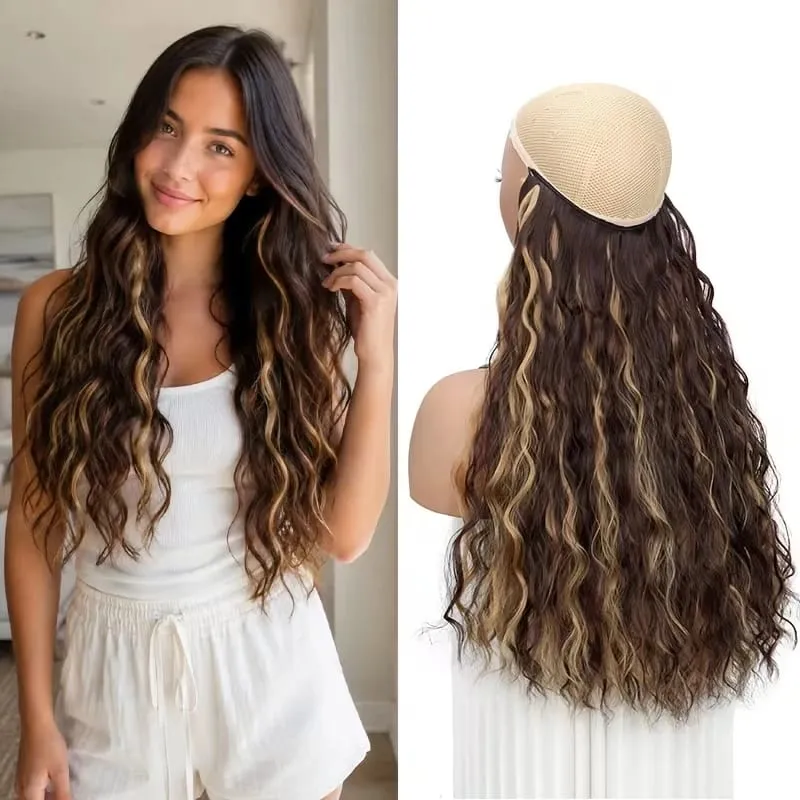 18Inch Synthetic Invisible Fish Line Hair Extensions Long Curly Wavy High Temperature Fiber Hairpiece for Women Daily Party