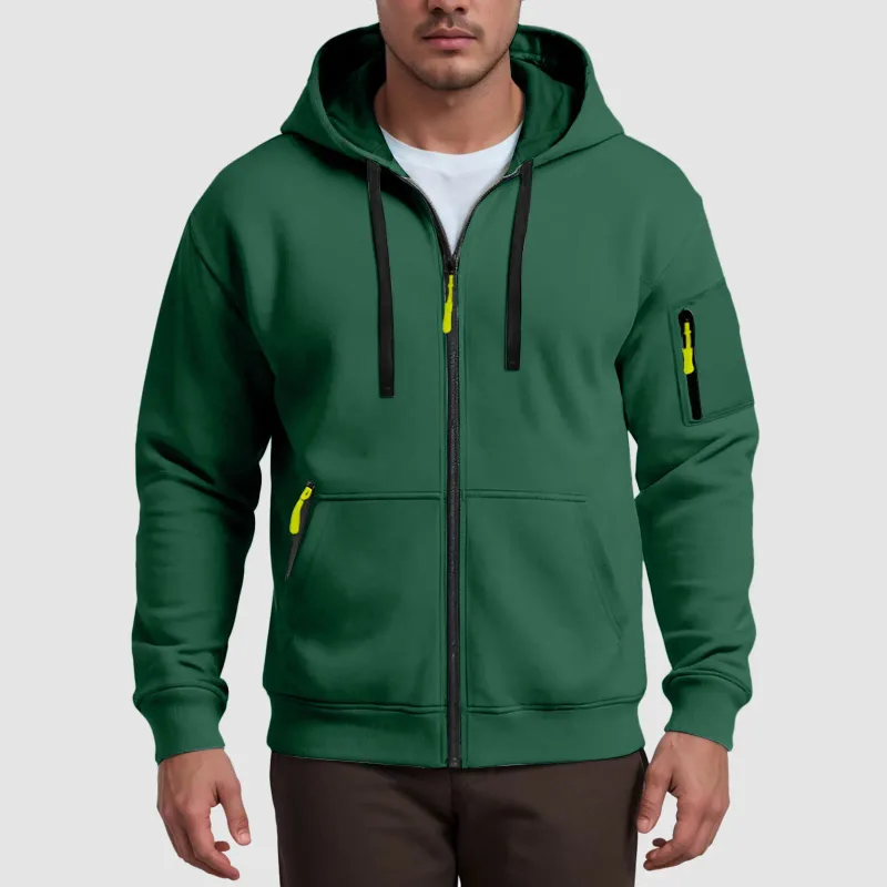 Men's Hoodies Solid Color Loose Zip Up Jacket Arm Zipper Pocket Hoodies Sand Hoodie Men