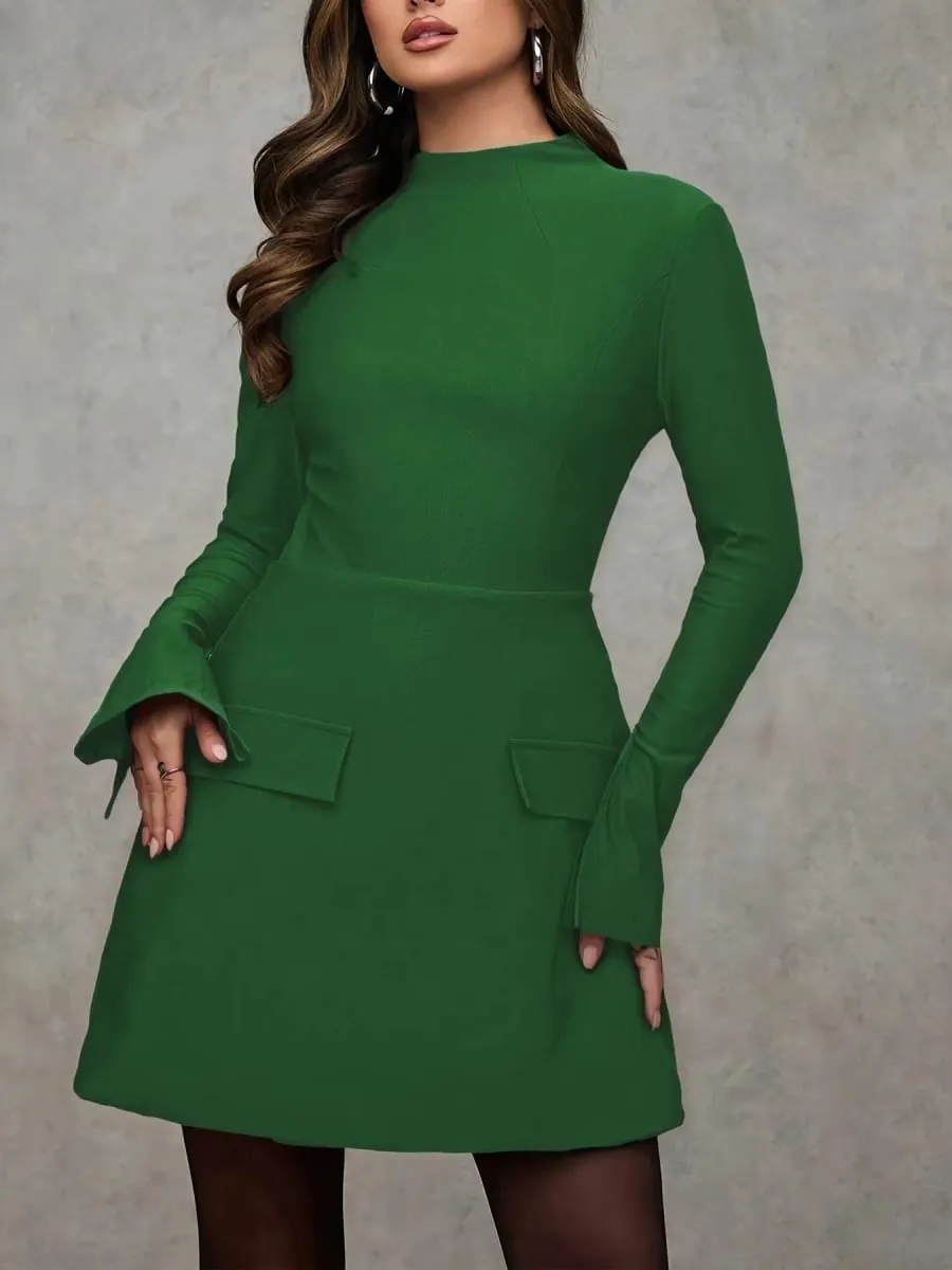2026 Women Solid Mock Neck Split Flare Long Sleeve Mini Dress Pocket Design A‑Line Elegant Work Party Short Dress
