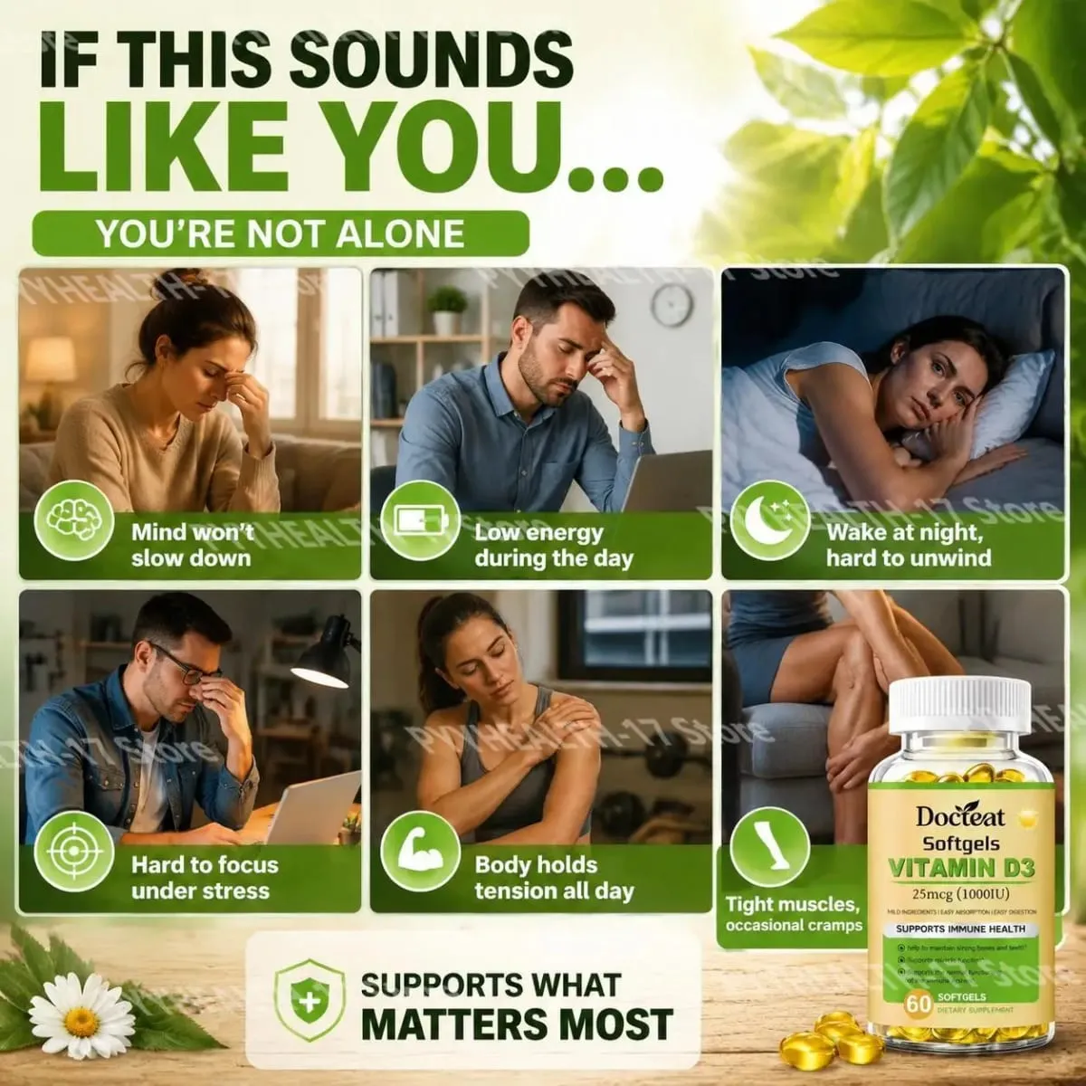 Docteat Vitamin D3 Softgels Supports Immune Health Helps Maintain Bones and Teeth for Adult Daily Requirement 60 Softgels