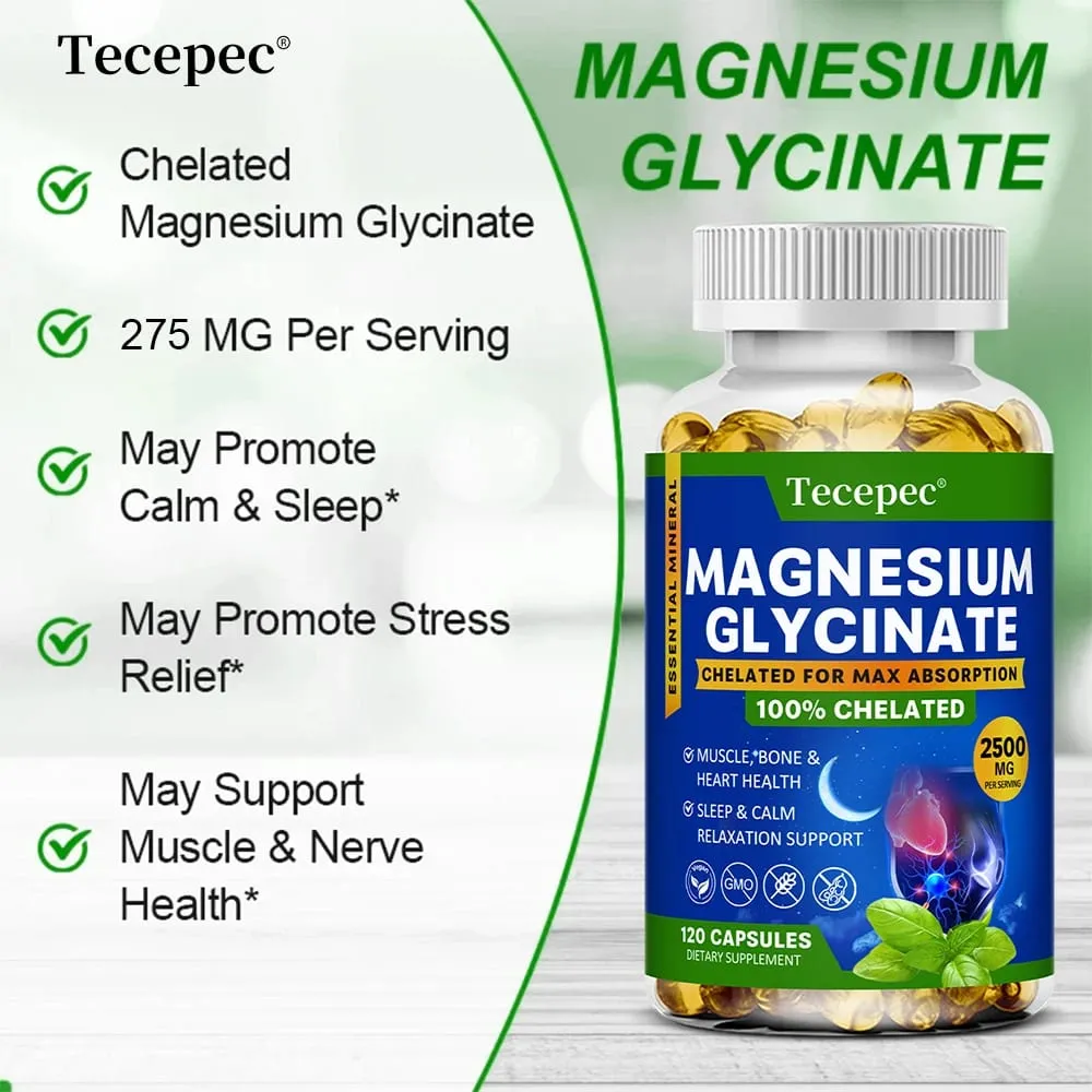 Magnesium Glycinate Capsules 2500mg - Dietary Supplement for Muscle Nerve Bone and Heart Support - Gluten Free Non-GMO