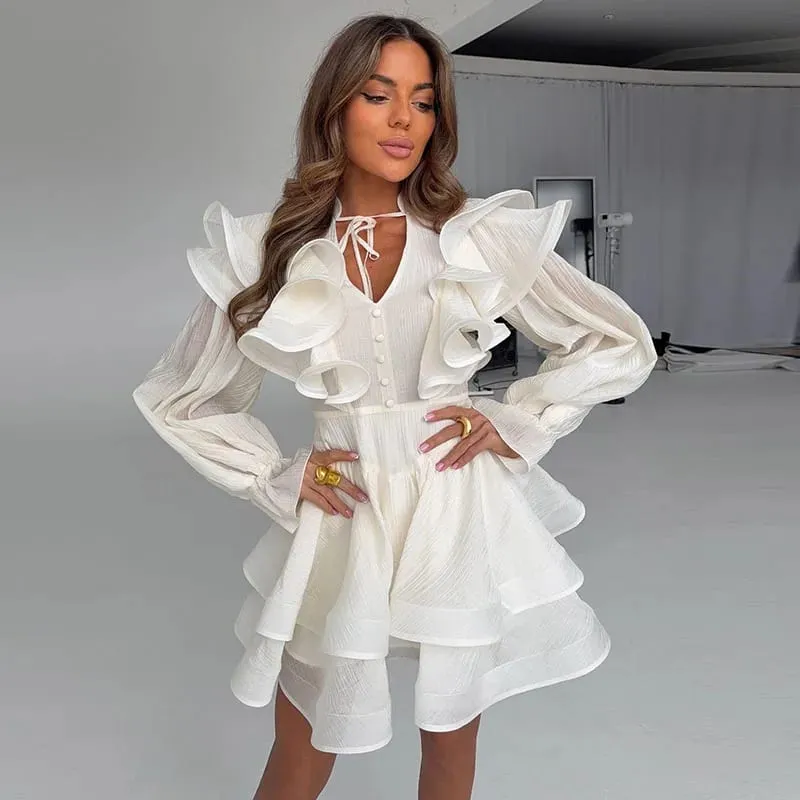 Solid Ruffle Mini Dress U Neck Long Puff Sleeve Tie Neck Tiered Hem Sweet Style Gown Soft Pastel Tones Fashion Chic Women Outfit