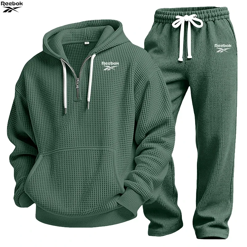 2026 Reebok Brand Spring-Autumn Men's Hooded Sweatshirt Set - Retro Solid Color Loose Fit Street Style Half-Zip Hooded Shirt - C