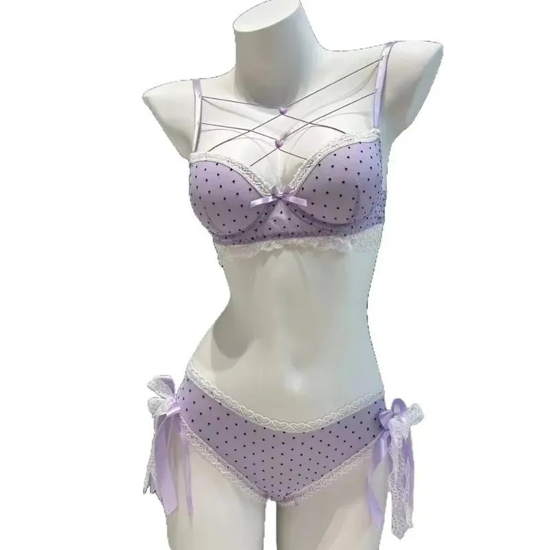 Beautiful Dots Lace Bra Set Bowknots Lace-up Bra Panties Set Love Heart Intimates Push Up Bra Women Romantic Evenings