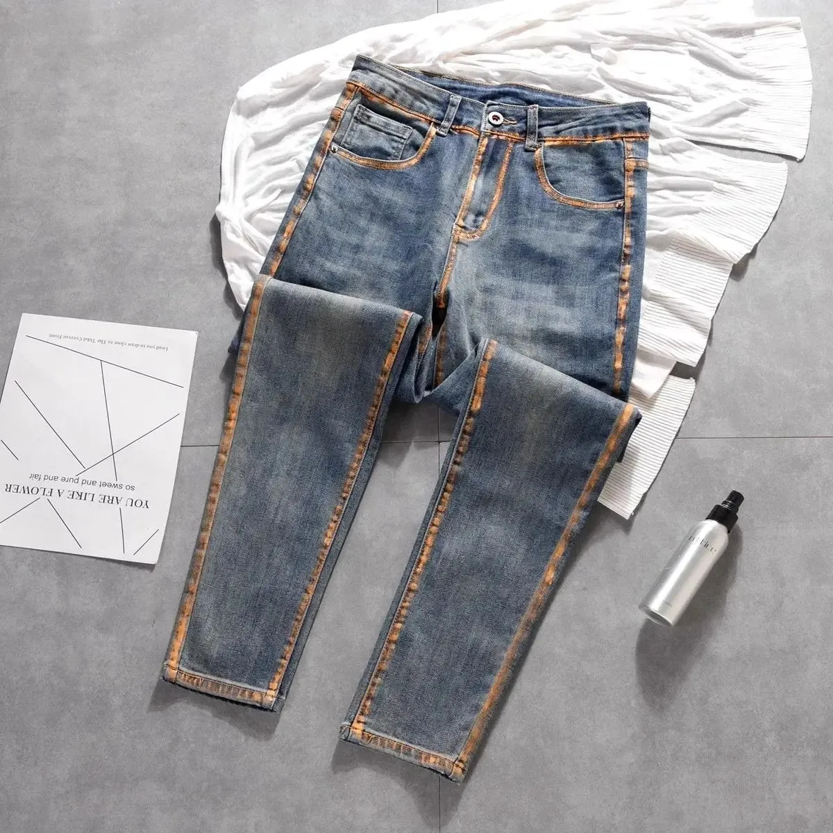 New Trousers Design Small Feet Elastic Slim Jeans High-end Casual Pants New Korean Work Original Paint Printing Trousers Man