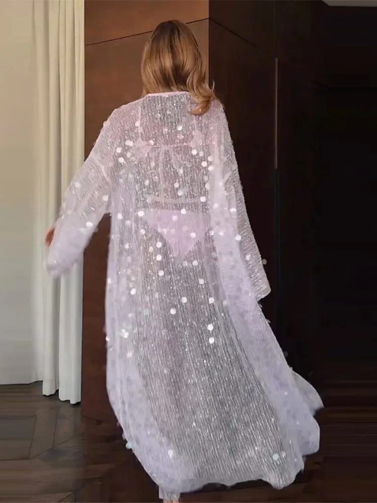 Sequined Hollow Out Long Dress Women Sexy V-neck Full Sleeve Mesh Patchwork Lace Up Cardigan Party Evening Dresses New Beachwear — image 6
