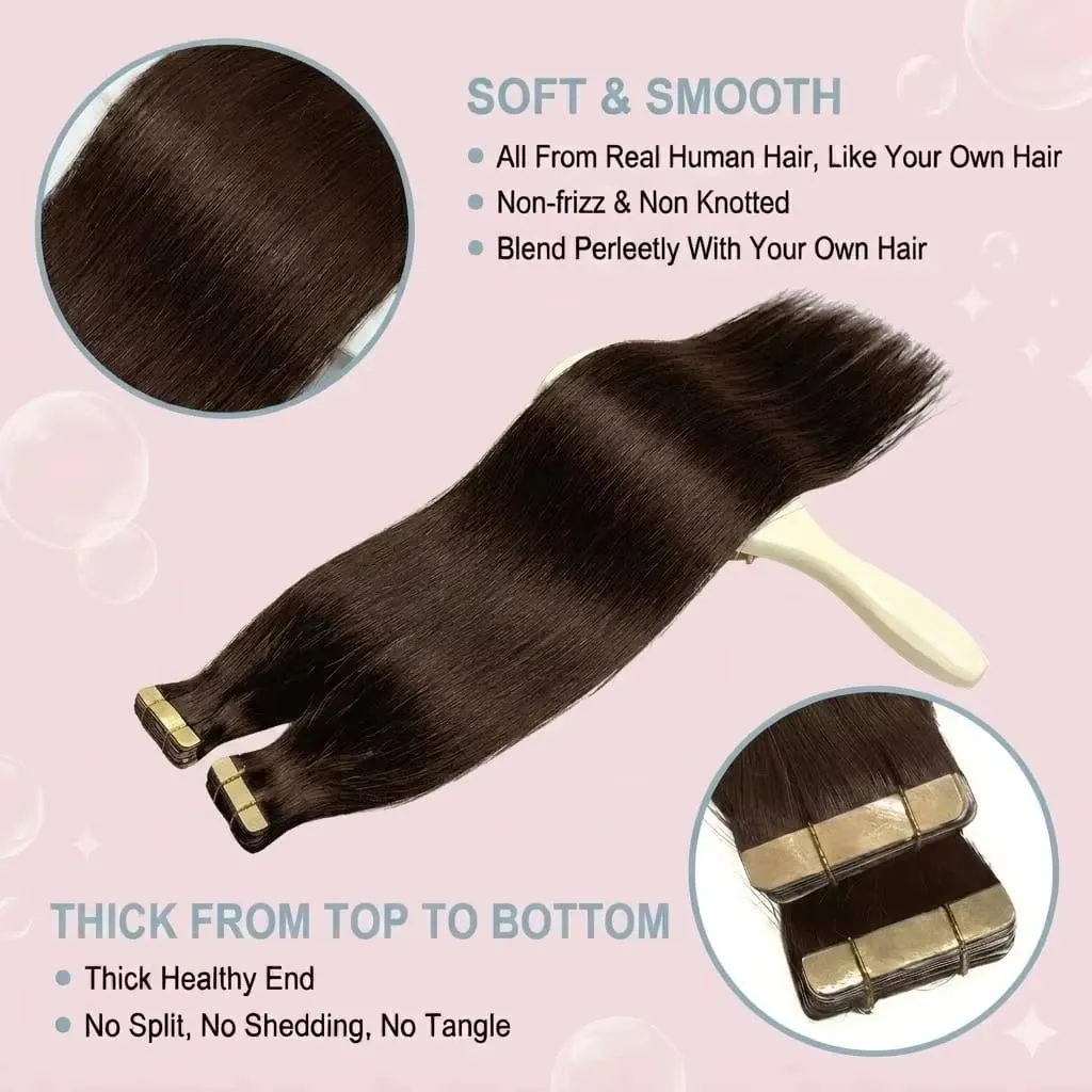Tape in Hair Extensions 14A Straight 100% Human Hair #4 Brown Virgin Remy Hair Extensions 21pcs 50g Pack Invisible Skin Weft 18 20 22 Inch