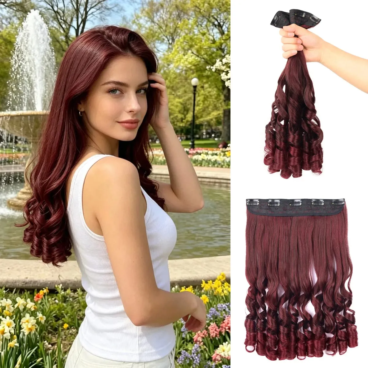 Synthetic Clip in One Piece Hair Extensions 5 Clips in one piece false hair 16inch French curl Style for women girls Daily Party