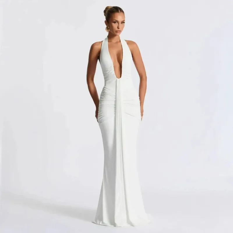Giyu Sexy Evening Club Party Dresses Women 2025 Summer Ruched Bodycon Dress Deep V Neck Halter Draped Backless Elegant Robe — image 9