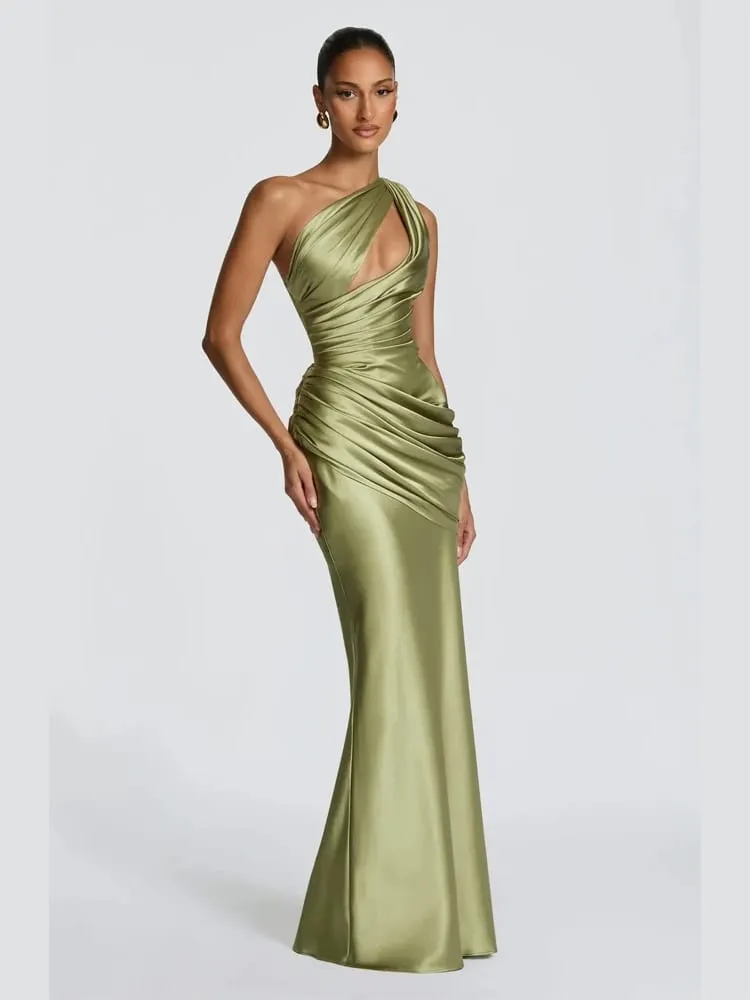 Satin One Shoulder Cutout Long Dress Women Elegant Solid Ruched Mermaid Slim Fit Flowy Vestido 2026 Lady Summer Evening Dresses