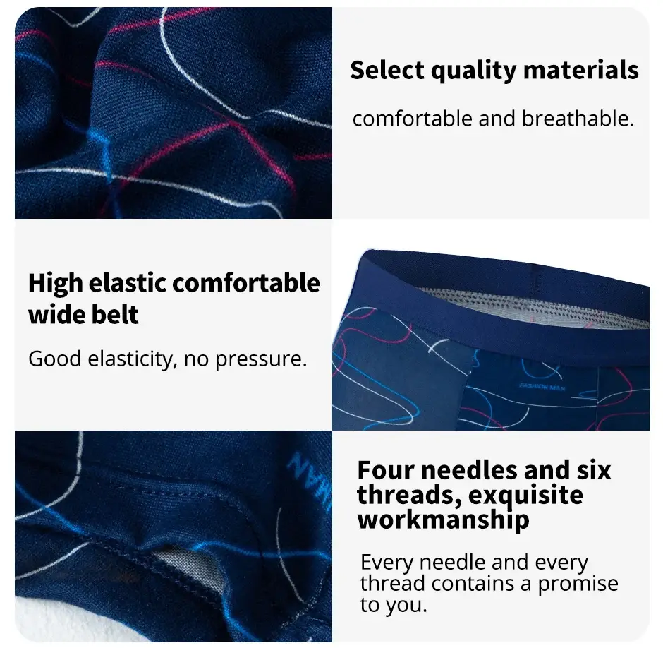 Sous-vêtements imprimés MODE HOMMES 4 pièces Boxers respirants à l'entrejambe pour adolescents Sous-vêtements confortables grande taille jusqu'à 6XL.