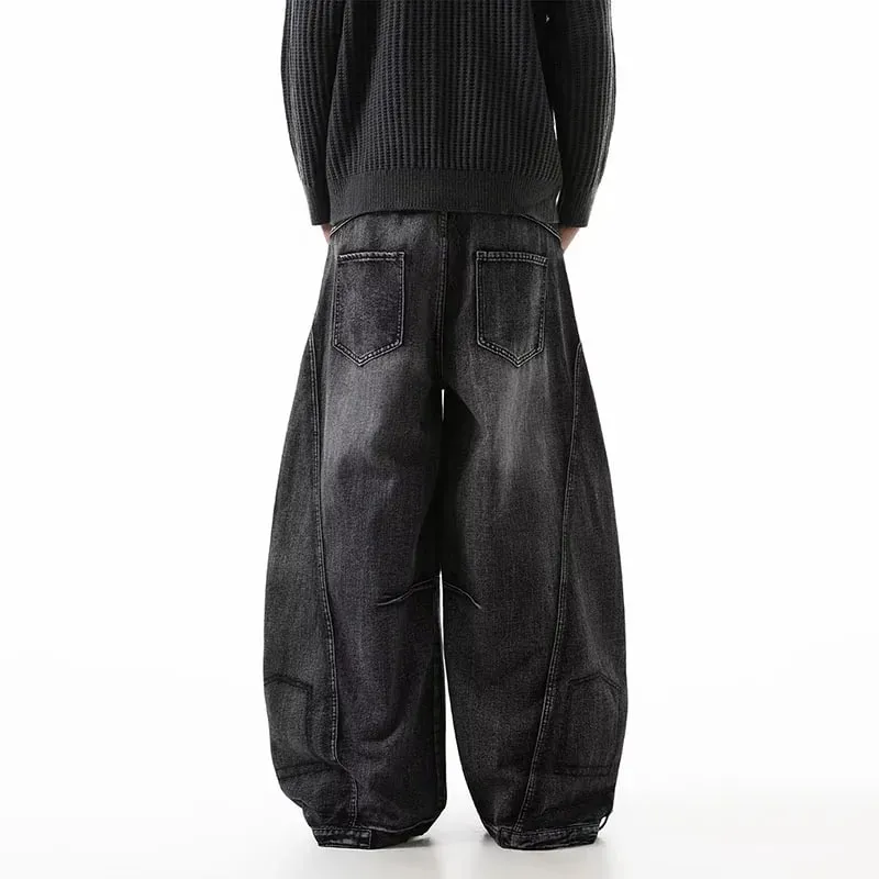 Korean Retro Plus Size Ripped Jeans Men'S Wide Leg Curved Pants Fashionable Casual Loose Straight Leg Pants