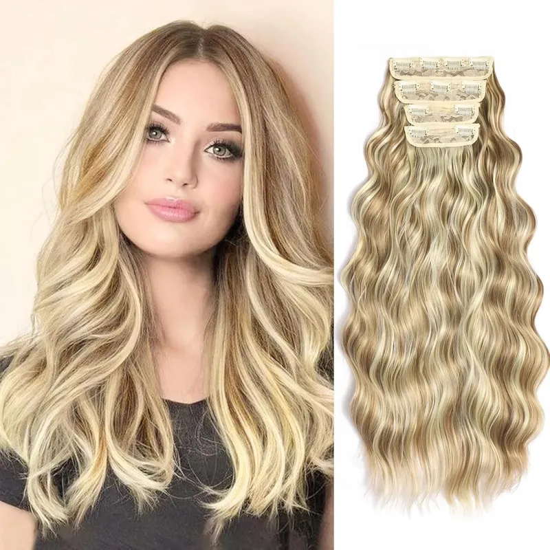 4Pcs/Set Synthetic Hair Clip In Hair Extensions 24Inch Long Wavy Thick Hairpieces For Women Full Head Ombre Hairpiece
