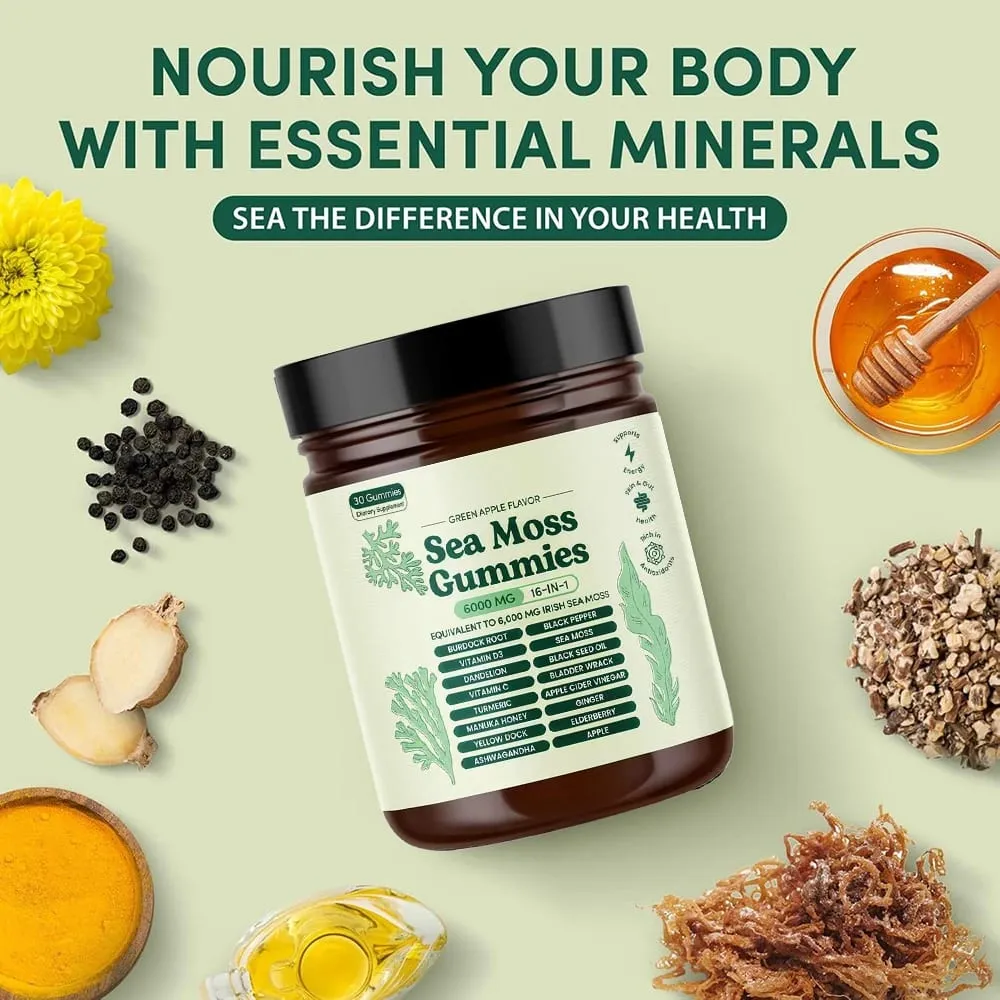 Sea Moss Gummies 16-in-1 with Black Seed Oil Ashwagandha Irish Seamoss Gummies Boosts Immune Support Wellness and Digestion