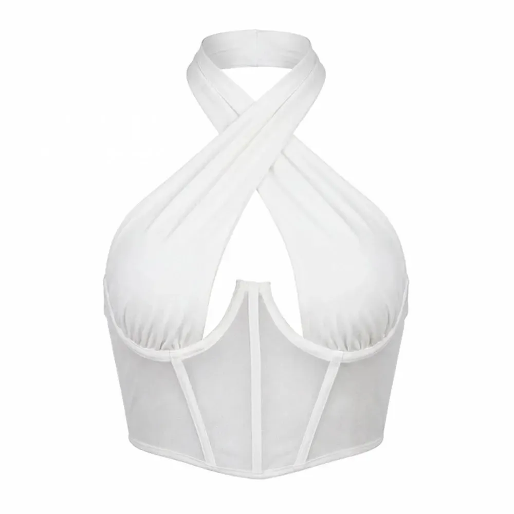 Fashion Solid Color Cross Halter Top Hollow Out Irregular Neckline Sleeveless Top Backless Camisole Summer Clothes — image 7