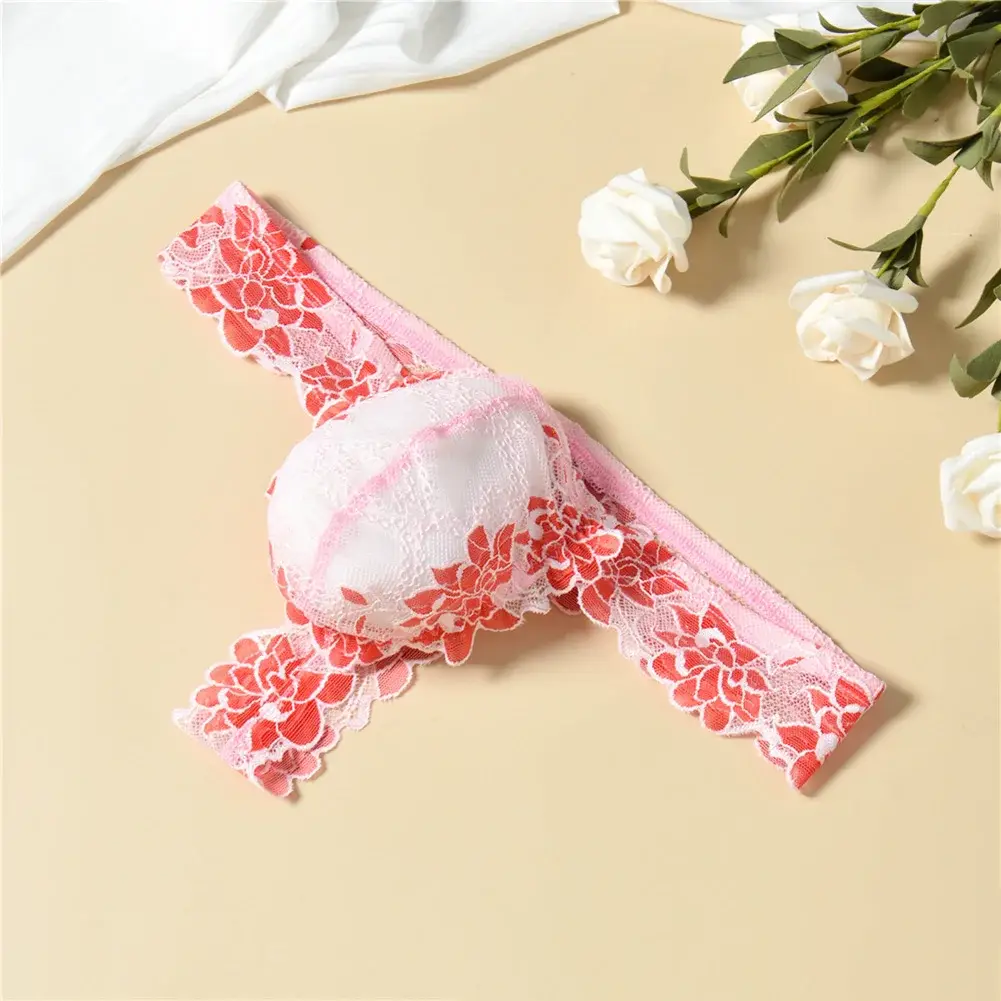 Men Floral Lace Thong Low Rise Elastic Waist G‑String Breathable See‑Through Floral Print Male Underwear Sexy Lingerie Panties