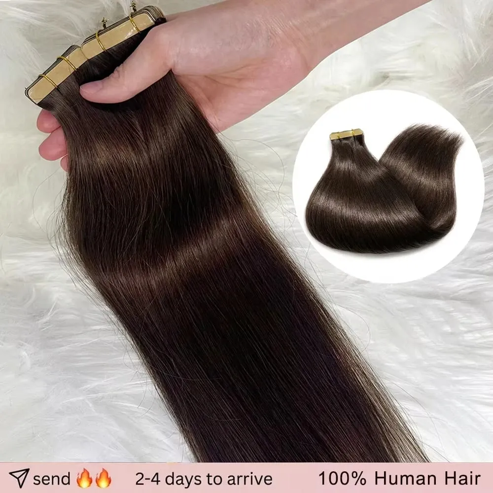 Tape in Hair Extensions 14A Straight 100% Human Hair #4 Brown Virgin Remy Hair Extensions 21pcs 50g Pack Invisible Skin Weft 18 20 22 Inch
