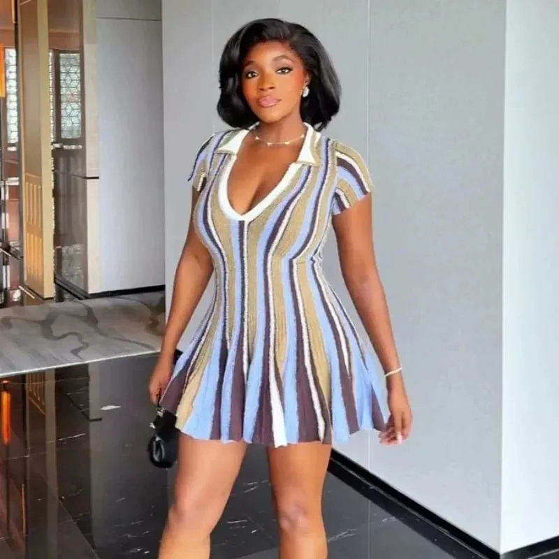Short Sleeve Polo Collar Knitted Striped Mini Dress V Neck Waist Cinching Flared A Line Casual Summer Vacation Women Dresses