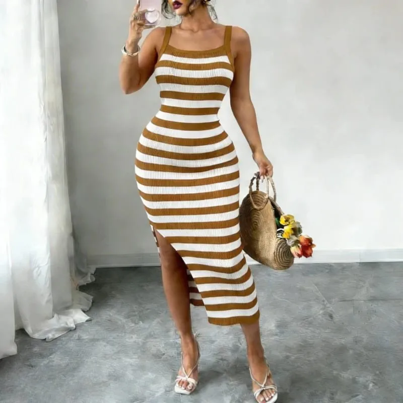 Red Black Striped Spaghetti Strap Maxi Dress Women's Stretchy Knit Bodycon Long Dress Sexy Summer Beach Party Dress Outfits