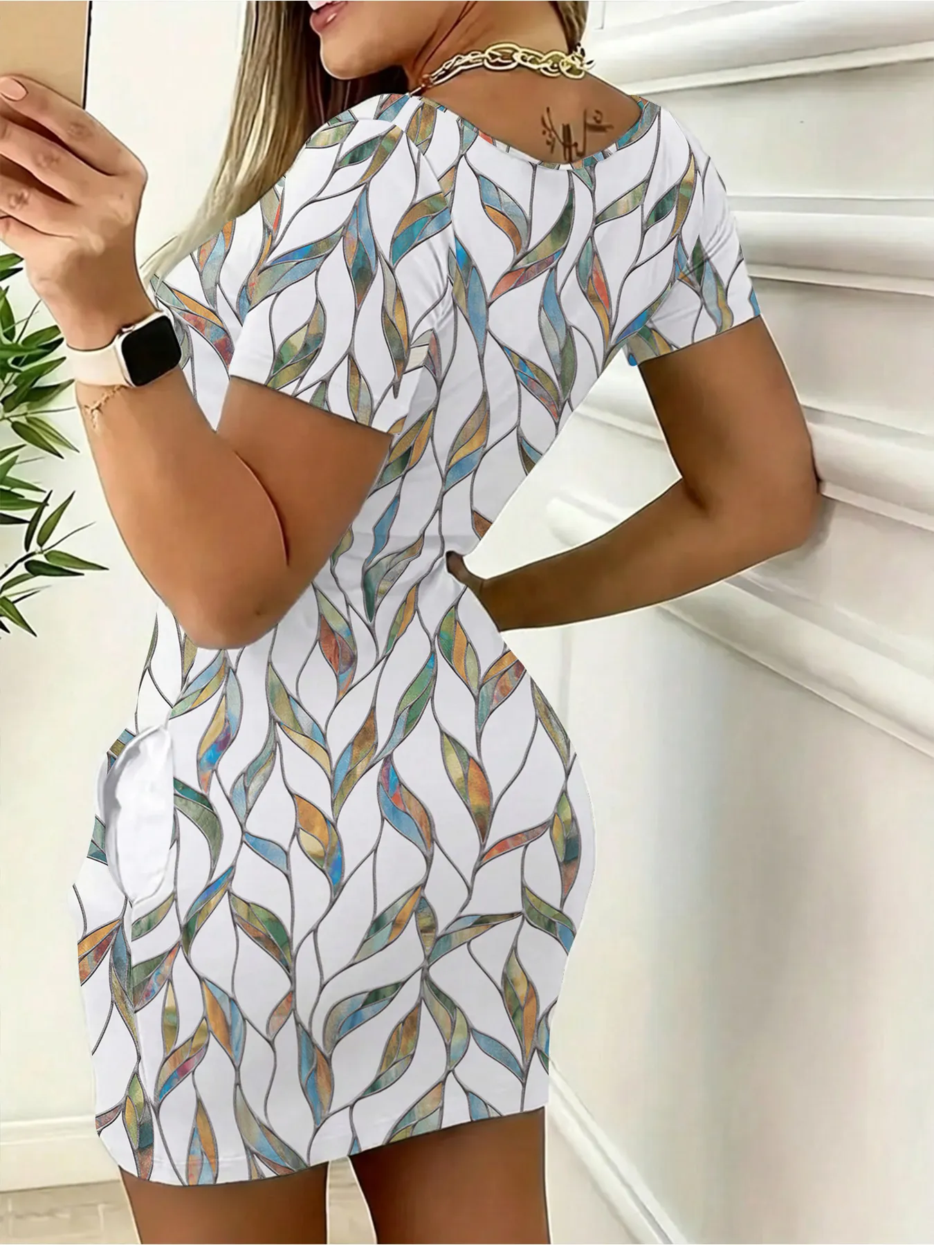 Elegant Casual round Neck Solid Color Leaf Pattern Pocket Short Sleeve Mini Skirt Long Dress Comfortable Fashion Women's Dress