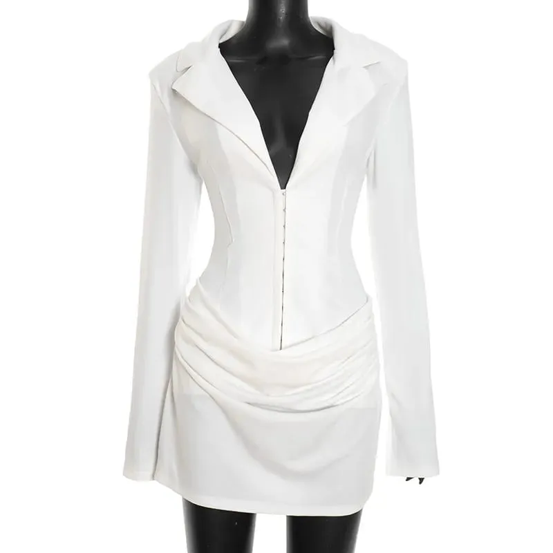 Chaxiaoa Long Sleeve Deep V Neck Ruched Sexy Mini Dress Women Autumn Winter Fashion High Waist Club Party Blazer Dresses Female
