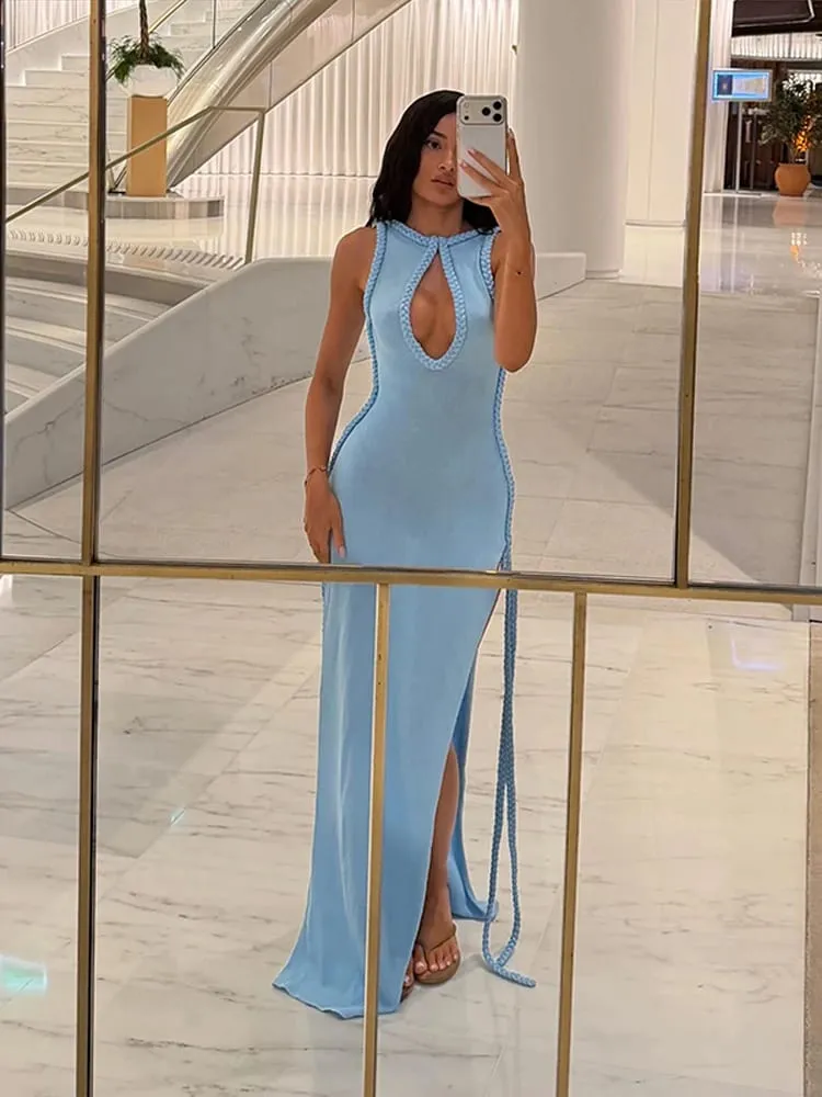 Braided Trim Sexy High Slit Dress Lady Sleeveless Hollow Out Backless Bodycon Maxi Dresses 2026 Summer Elegant Chic Evening Gown — image 7