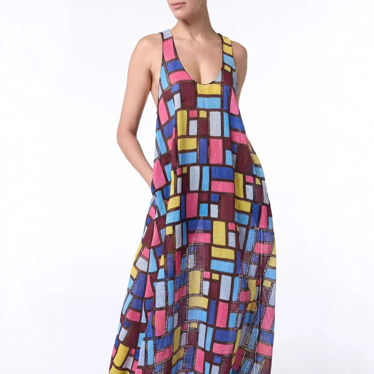 Colored Squares Sleeveless Long Dresses Women Fashion Sexy U-neck Pocket Loose Maxi Dress Summer Lady Vacation Commuting Vestido