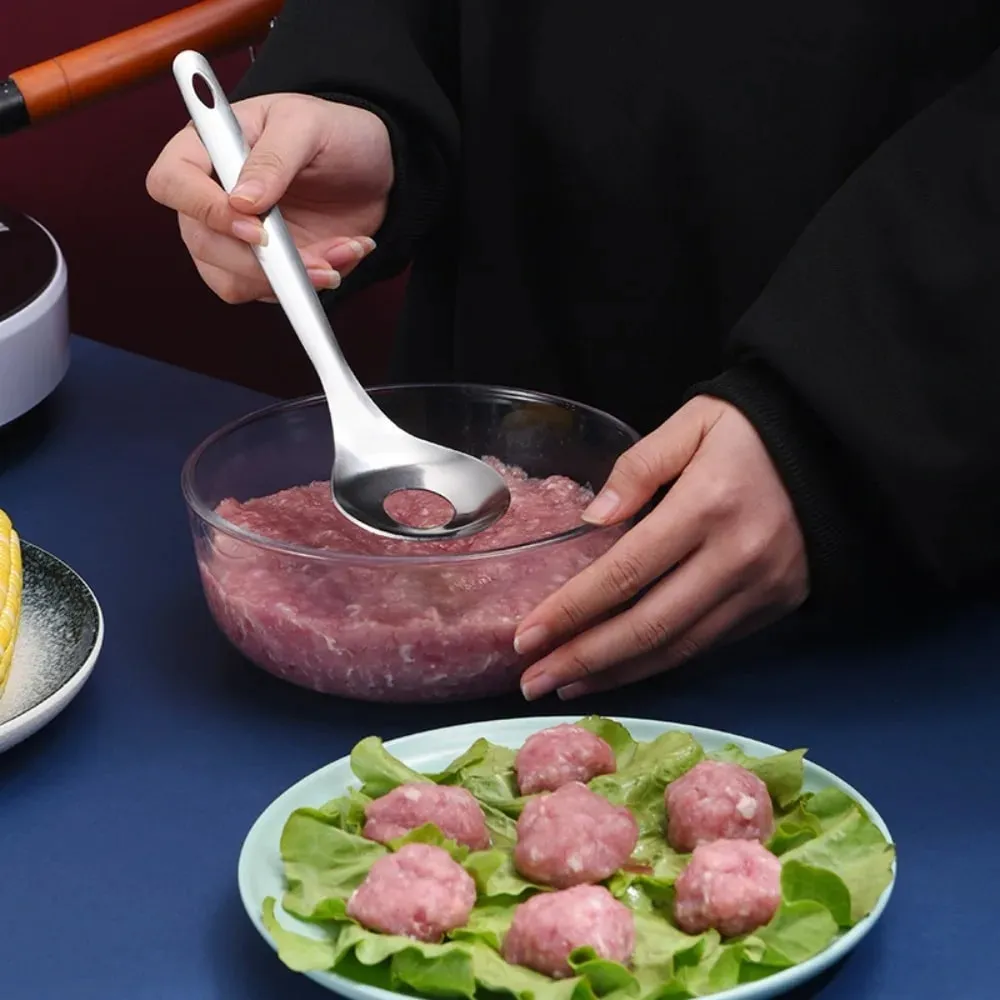 Stainless Steel Croquettes Meatball Spoon Mold Non-stick with Round Hole Meatball Maker Spoon Hangable Meat Press Tools