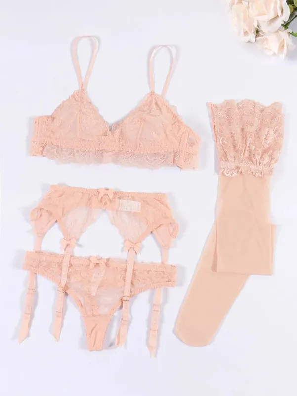 Varsbaby Women Lace Bra Set Non Padded Bra Panty Garter Stockings Summer Underwear Lingerie Sexy