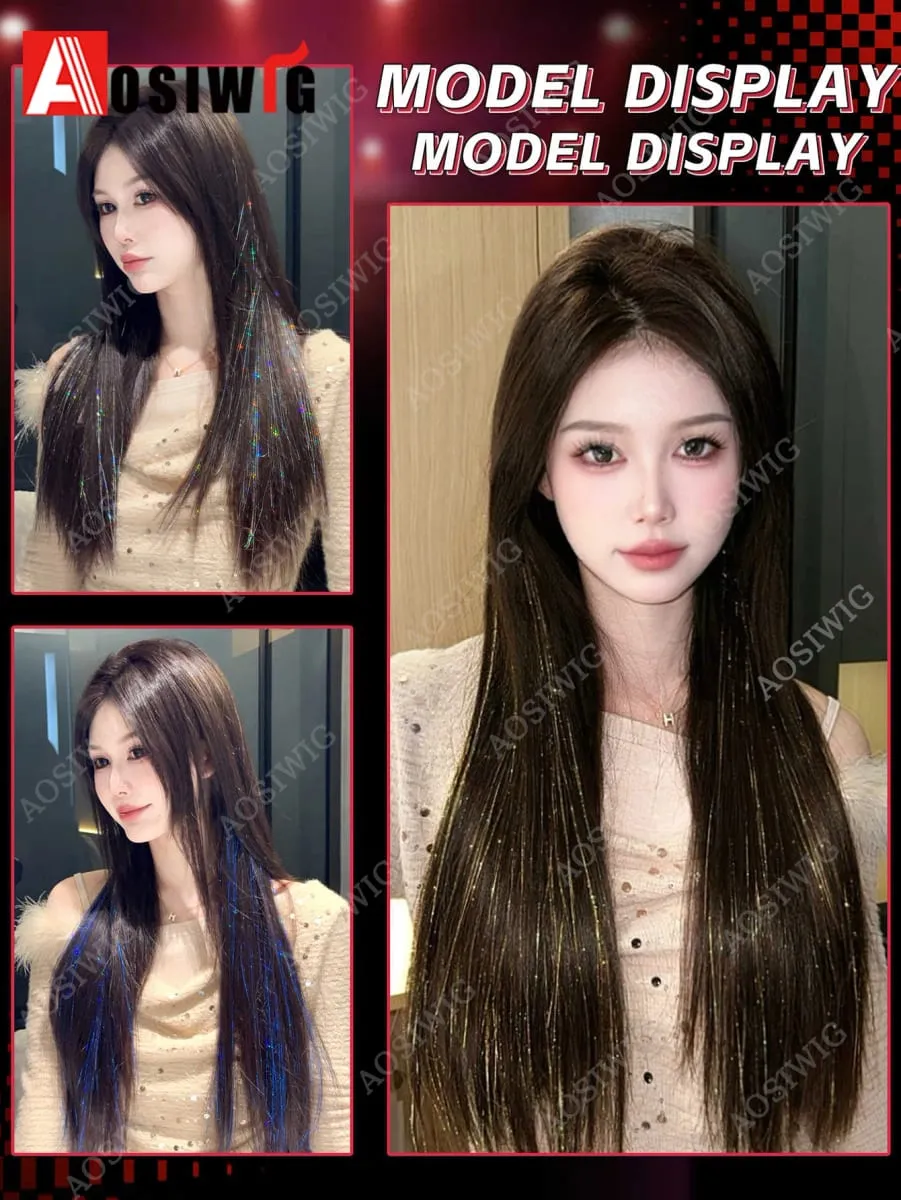 Blue Glitter Tinsel Clip in Hair Extensions One Piece Straight Synthetic Hairpiece with Sparkle Strands for Women Party Daily