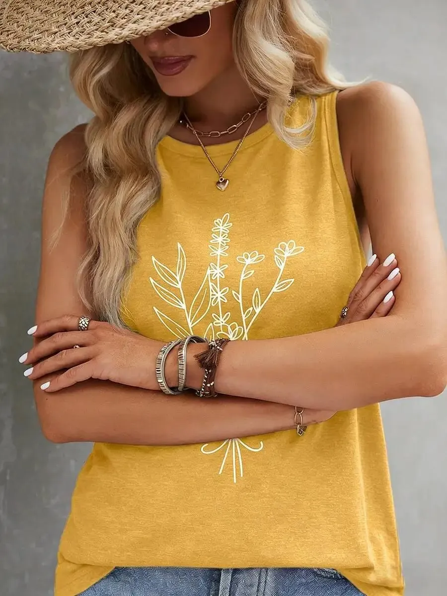 Casual Yellow Floral Print Round Neck Tank Top Loose Fit Sleeveless Blouse For Daily Vacation Beach Summer Outfits — image 9