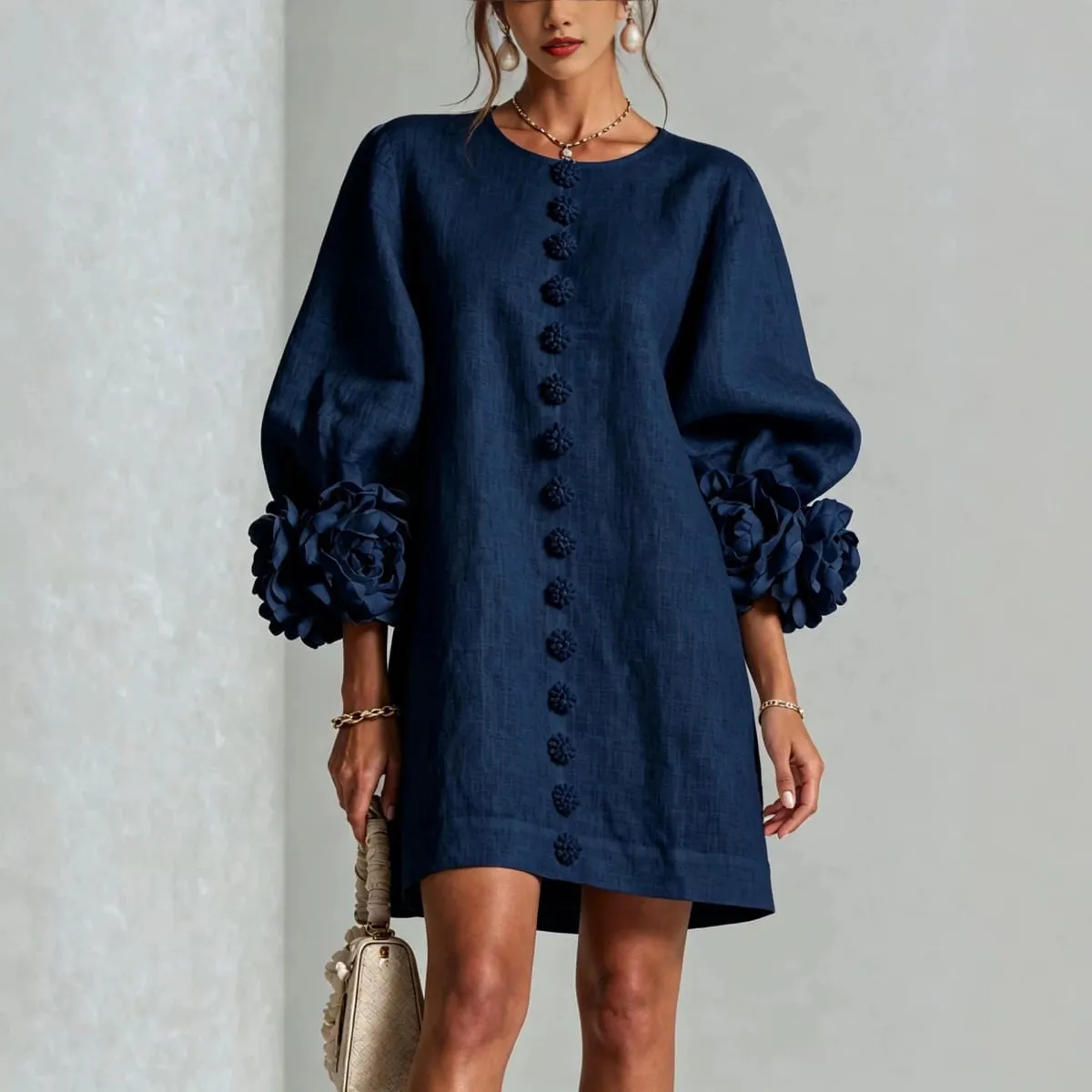Women Spring Autumn 3D Flower Long Lantern Sleeve Cotton Linen Mini Dress Solid Crew Neck Loose Elegant Daily Wear Short Dress — image 3