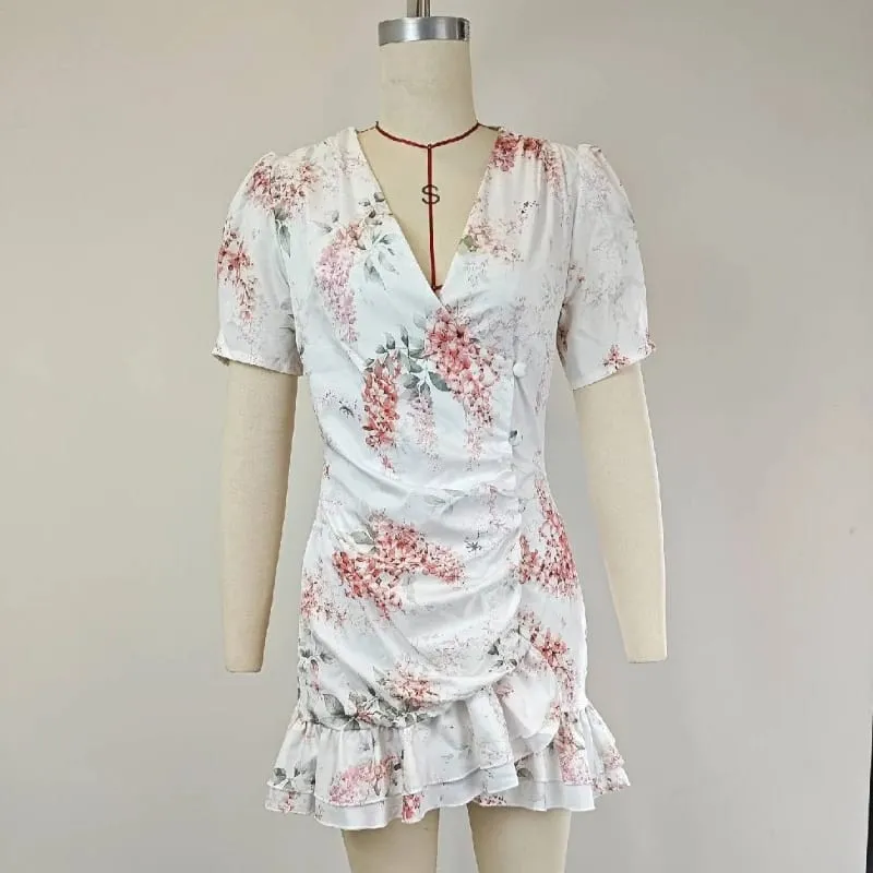Women Sexy Flora Painted Ruffle Slim Dress Chic Deep V-neck Double Layered Ruffled Hem Dresses Lady New Daily Party Gowns