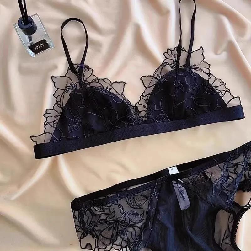 Women's French Embroidered Lace Bralette Set Ultra Thin Sexy Triangle Non Padded Wirefree Bra Small Chest Elegant Straps S-XL