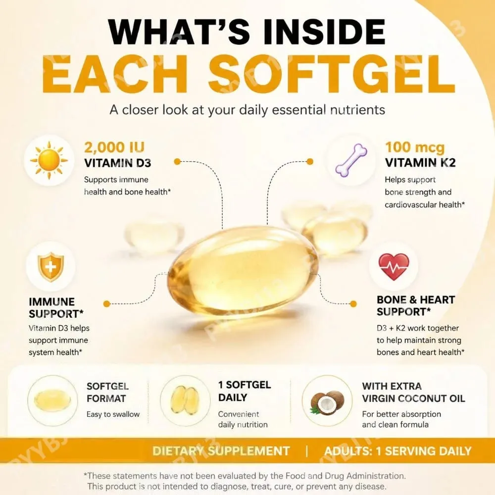 Vitamin D3+K2 Capsules 2000 IU + 100 Mcg - Bone Health & Immune Support Calcium Absorption Daily Wellness Formula 90ct