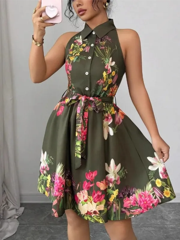 A Line Vestidos Y2k Street Wear Halter Print Floral Elegant Splice Party Night Work High Waist Short Dress Women Dresses — image 4