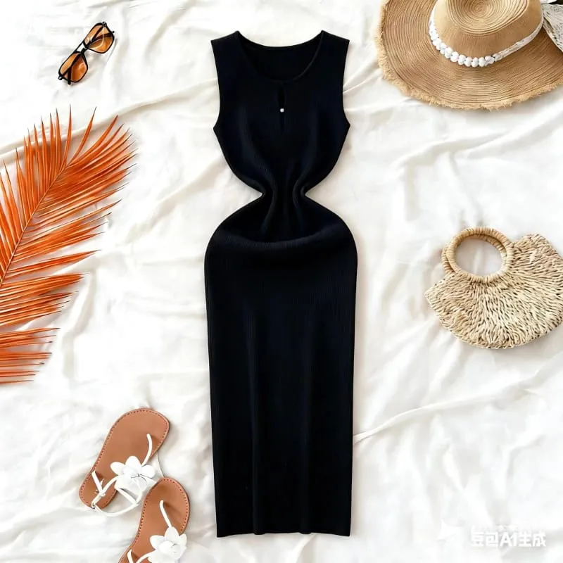 Women's Solid Summer Blue Pink Midi Dress Sleeveless Stretchy Knit Ribbed Keyhole Cutout Bodycon Sundress Party Vacation Dress
