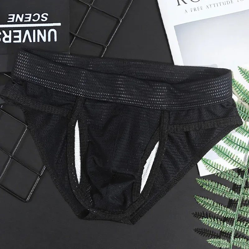 1PC Mesh Breathable Men's Underwear with Fly Pouch Front Open Bulge Separated Pouch Youth Korean Version Youth Briefs