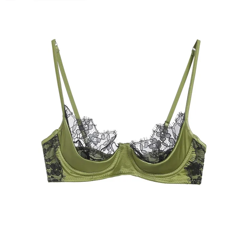 Women French Lace Half Cup Lingerie Set Green Ultra Manipis Sheer Soft Kumportable Underwire Bra Para sa Maliit na Bust 32‑38AB — image 10