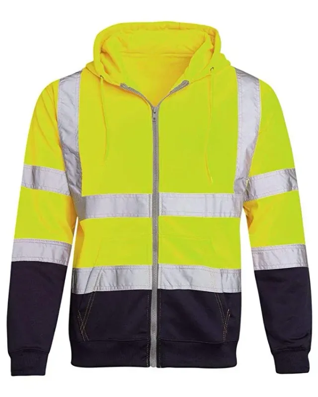 Reflective Work Safety Men Hoodies Drawstring Loose Zipper Jacket Autumn Thin Fleece Hooded Pullover Coat Casual Work Sweatshirt