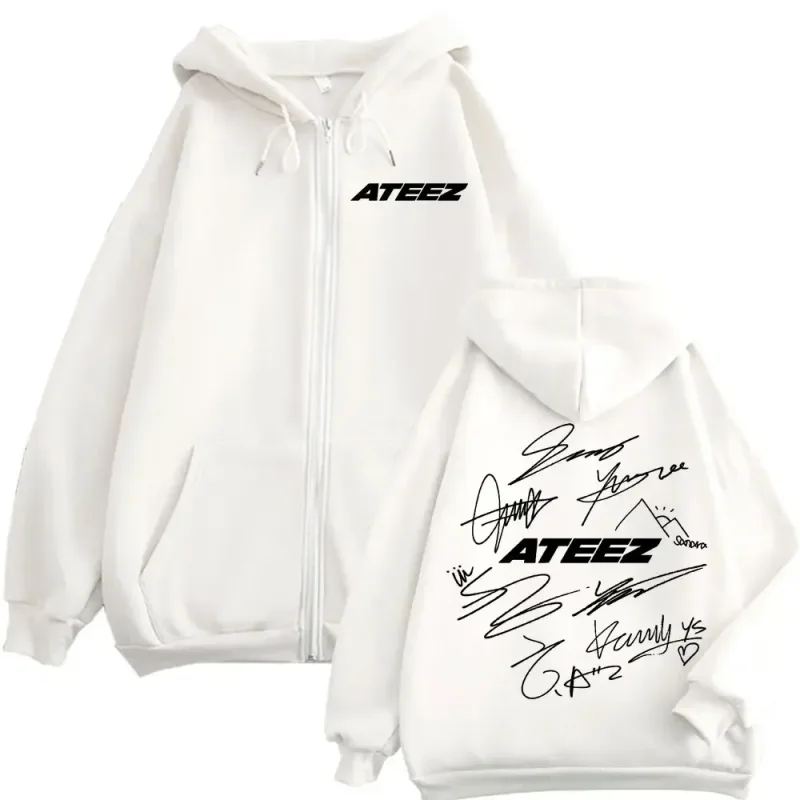 Limited Kpop ATEEZ Logo Double Sided Print Zipper Hoodie Fashion Hip Hop Zip Up Sweatshirts Men Women Casual Oversized Pullovers